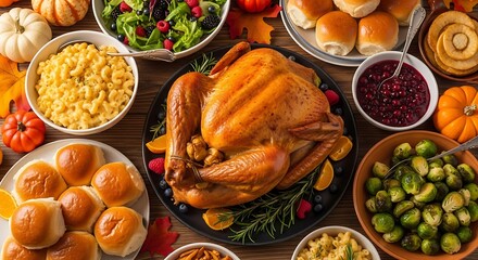 A bountiful overhead view of a traditional thanksgiving dinner spread featuring a golden roasted turkey cranberry sauce stuffing mashed potatoes brussels sprouts rolls and decorative pumpkins and autu