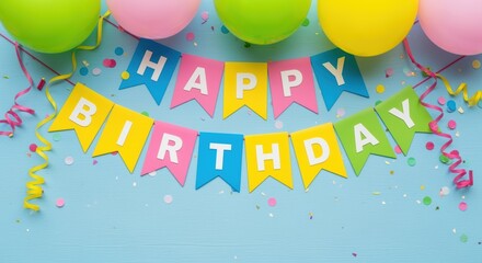 Vibrant balloons and festive decor, including a 'Happy Birthday' banner, set against a blue backdrop. A cheerful and celebratory scene filled with vivid colors and party elements.