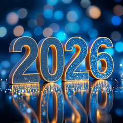 Sparkling Blue 2026 New Year Numbers on Reflective Surface with Glowing Lights and Bokeh Background Isolated on White P N G Download for Social Media Advertisement Banner