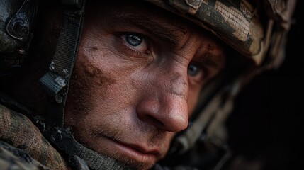 Intense Close-Up of Soldier's Face Showing Determination and Weariness After a Long Day