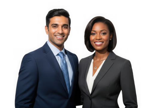 Professional business team portrait two smiling diverse individuals in formal attire isolated on transparent background