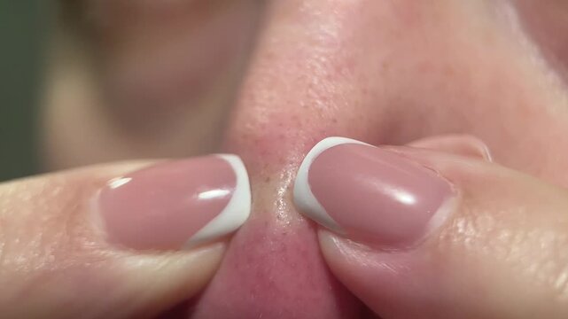 Extreme close-up of nose blackhead extraction with fingers. Skincare treatment, comedone cleaning, sebum removal. Perfect for dermatology, cosmetic, beauty or educational medical content.