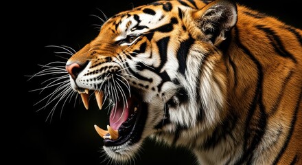 Fototapeta premium A close-up portrait of a ferocious tiger with its mouth open, revealing sharp fangs. The tiger's intense gaze and powerful expression convey its strength and fierce nature against a dark background.