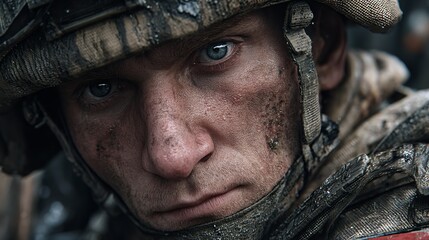 Close-Up Portrait of a Soldier with Intense Gaze, Camouflage Gear and Combat Grime