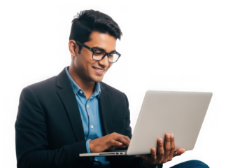 Young indian businessman smiling while typing on a laptop computer isolated on transparent background