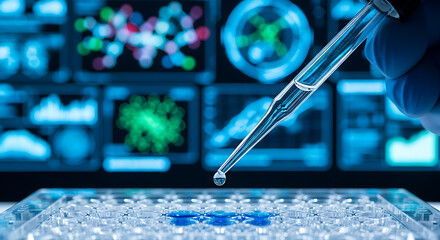 Scientist performing a chemical experiment with a pipette and test tubes in a laboratory setting with digital displays in the background.