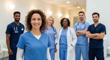 Confident female healthcare professional with curly hair in blue scrubs smiling, with diverse medical team behind her in modern hospital corridor. Ideal for medical staffing concepts.