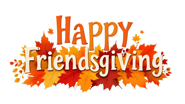 Happy Friendsgiving Text with Fall Leaves, isolated on transparent background