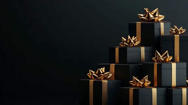 Black gift boxes with gold ribbons and bows stacked in a pyramid shape against a dark backdrop for a festive atmosphere