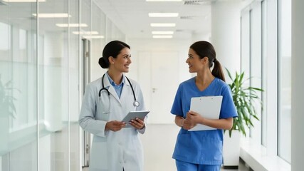 Two female medical professionals discussing patient care while walking in hospital corridor - Powered by Adobe