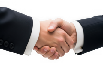 Businesspeople shaking hands in formal attire symbolizing partnership and agreement isolated on transparent background