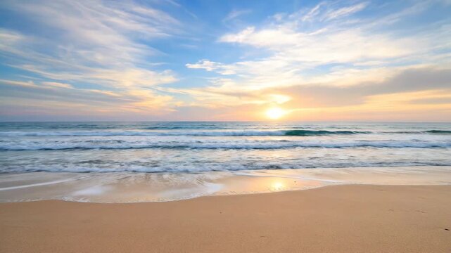 Gentle ocean waves continuously roll onto a pristine sandy beach under a changing sky, captured in an serene coastal timelapse outdoor, water, background