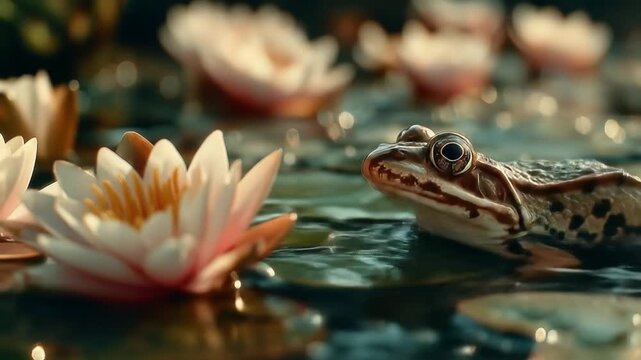 Frog floating near water lilies in natural pond setting