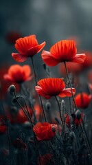 Crimson Symphony: A Captivating Close-Up of Poppy Flowers Dancing in the Wind on a Grayish Day