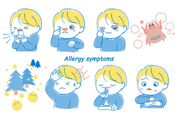花粉やホコリ、ダニなどによるアレルギー症状で苦しむ子供のイラストセット