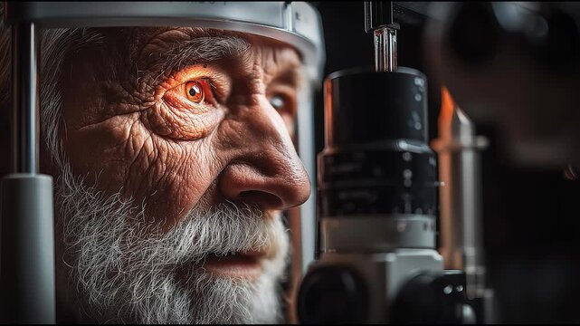 Elderly man undergoing eye examination with slit lamp biomicroscope, close-up detail of ophthalmology checkup, medical vision care and optometry concept