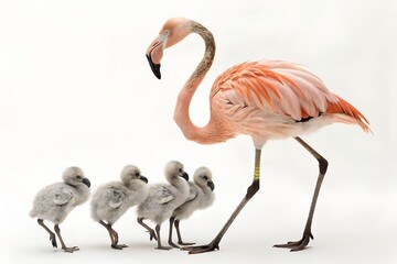 Obraz premium American Flamingo with Chicks Isolated on White
