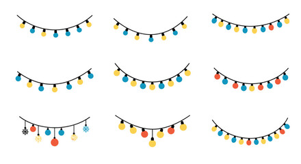 Strings of festive decorative light bulbs strung across an empty white background.