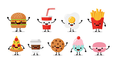 A delightful assortment of cartoon characters representing popular fast food and sweet treats for a fun food concept.