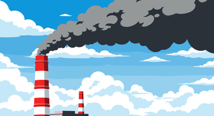 Industrial smokestacks emitting dark plumes of smoke into a cloudy sky above.