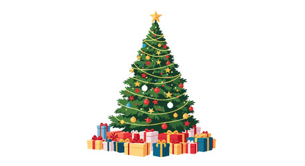 A beautifully decorated Christmas tree surrounded by many wrapped gifts under a clear sky.