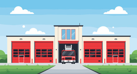 A fire station with several large red garage doors and a fire engine parked in the center.