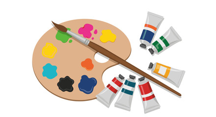 An art palette with tubes of paint and a paintbrush sits ready for a creative session.
