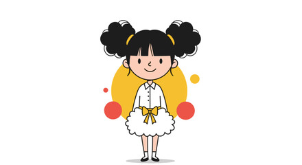 A cute little cartoon girl with two bouncy pigtails is standing in the center of the image.