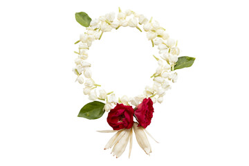 white flowers jasmine, rose arrangement circle flat lay postcard style 