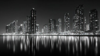 Fototapeta premium Monochromatic cityscape at night, reflecting in calm water, showcasing a variety of skyscraper heights and illuminations