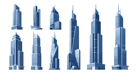 Collection of modern skyscrapers with sleek architectural designs in shades of blue.