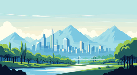A panoramic view of a modern city skyline nestled beside majestic mountains and a tranquil river.