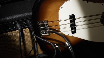 Fototapeta premium Bass guitar close-up with strings vibrating under spotlight, rock and funk music culture concept symbolizing rhythm, creativity, and live performance energy