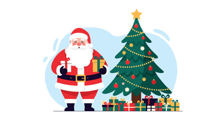 A jolly santa claus holding presents next to a decorated christmas tree with gifts underneath.