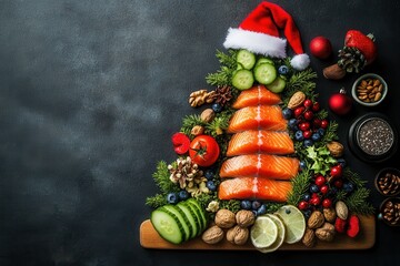 
Healthy Christmas Tree Food Arrangement with Salmon and Vegetables. A creative flat lay of healthy christmas dinner ingredients and superfoods arranged in a tree shape. Includes salmon, vegetables, f