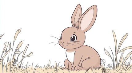 Cute bunny sitting in meadow, grass background, children's book illustration