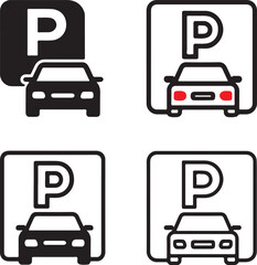 Parking icon set, parking car symbol, parking area icon, black vector parking, vehicle, transport, driving, automotive, traffic, car zone, parking lot, road sign, urban travel, parking management