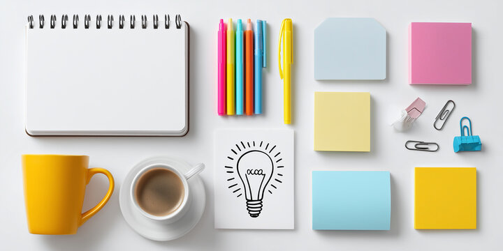 Flat lay of idea-generating items isolated on white background: sketchpad, sticky notes, colorful pens, coffee cup, light bulb icon card, paperclips, idea tag