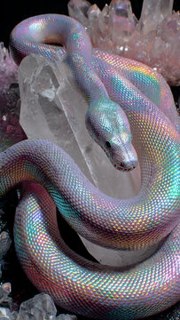 A shimmering snake with pearlescent scales rests on moss under mystical blue-pink light. The surreal hue mix gives it a magical, otherworldly presence.