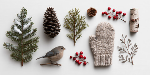 Flat lay of natural winter forest items isolated on white background: fir branch, snow-dusted pine cone, small bird figurine, knit mitten, red berries, white snowflake, piece of tree bark.,

