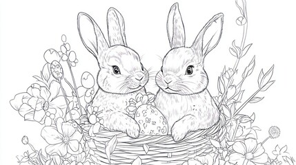 Obraz premium Two bunnies nestled in floral nest, spring scene, coloring page