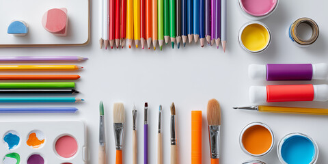 Flat lay of kids&rsquo; drawing tools isolated on white background: colored pencils, markers, drawing pad, paintbrush, paint palette, glue stick, eraser.

