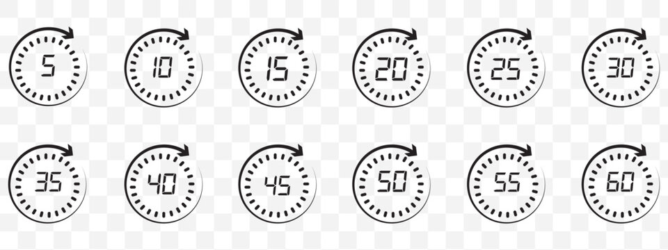 Set of circular countdown timer icons from 5 to 60 minutes. Timer, clock, stopwatch and cooking time icon set. 5, 10, 15, 20, 25, 30, 35, 40, 45, 50, 55, 60 minutes. Isolated vector illustration