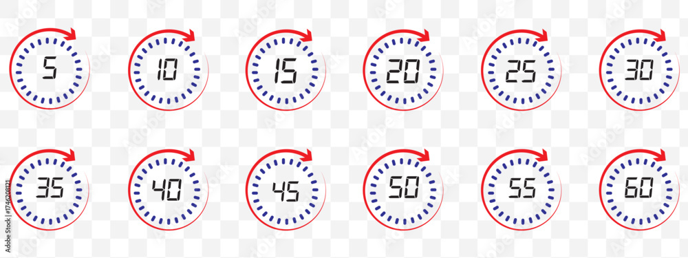 Wall mural set of circular countdown timer icons from 5 to 60 minutes. timer, clock, stopwatch and cooking time