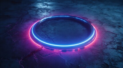 Abstract neon circle light installation on weathered concrete floor with purple glow effect and shadows.