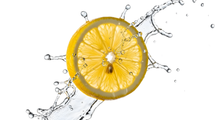 Fresh Lemon Slice Splashing in Water with Droplets Against a White Background
