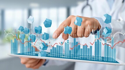 Digital tablet displaying financial data charts and graphs with business analytics, futuristic technology, and digital visualization showcasing growth and trends in modern office environment - Powered by Adobe