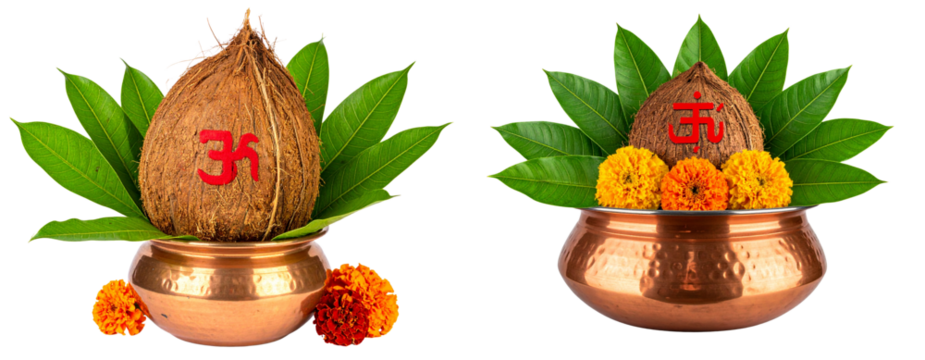 Untitled design - Traditional Copper Kalash with Coconut and Mango Leaves, Decorated for Hindu Puja, Isolated on Transparent Background