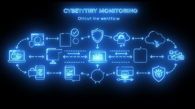 Cybersecurity Monitoring Process Flowchart with Connected Devices and Cloud Protection