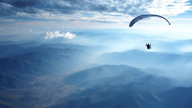 A paraglider soaring over majestic mountain landscapes under a dramatic sky at dusk